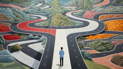 Sticker - A man standing on a road surrounded by a maze, AI