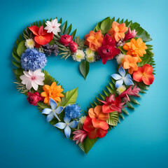 Wall Mural - Frame of colorful flowers and roses shaped in the Valentine heart on the blue background. Love concept artwork