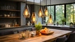 Interior details of a modern kitchen using glass and wood in the interior, designer lamps above the kitchen table, use of natural materials, simple and clean lines in design