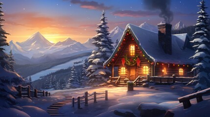 Wall Mural - Christmas house in the snow with a christmas tree, AI