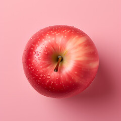 Wall Mural - Top view of ed apple with green leaf isolated on the pink pastel background