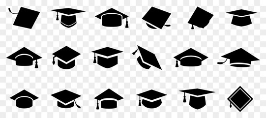 Poster - Graduation cap icons in black. Set of education hat icons. Graduation hat cap icons. Academic cap signs
