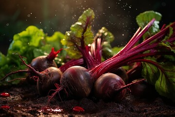 Freshly collected farmers natural red ripe beets on a garden ground