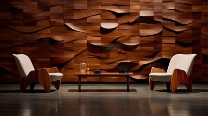 Wall Mural - Modern living room with wooden geometric wall