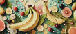 illustrazione sfondo di deliziosi e coloratissimi frutti con elementi decorativi