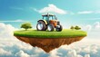 3d illustration of smart farming concept, tractor on a floating piece of land with farm meadow and crops. farm rural on a flying island, digital farming concept 3d design with clouds.