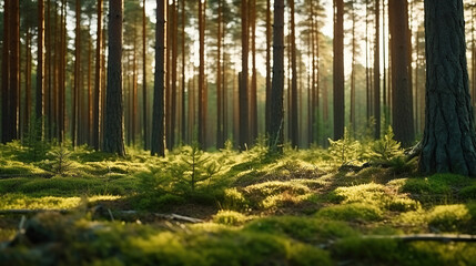  Nordic pine forest in the evening light. Short depth-of-field.