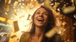 © Santy Hong - Woman winning a lottery, happy expression, blurred money flying in the air.