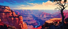 Magnificent Golden Hour Sunset View High Above Grand Canyon Like Valley With Weathered And Eroded Rock Formations And Tall Sandstone Cliffs, Solitary Tree And Sparse Desert Vegetation, Stunning Vista.