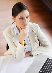 Sticker - Business woman, thinking and planning on computer for Human Resources decision, career solution or office research. Professional worker on laptop, reading payroll information or analysis of software