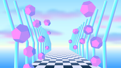 Poster - Vaporwave corridor of pillars with flying 3D donut shapes and sun in 90s style. Abstract surreal retro background for party poster or music cover.