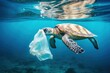 Sea turtle trying to eat plastic bag in the ocean