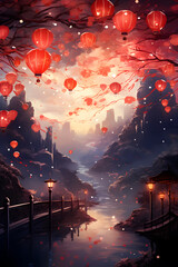 Canvas Print - autumn fantasy landscape with red lantern