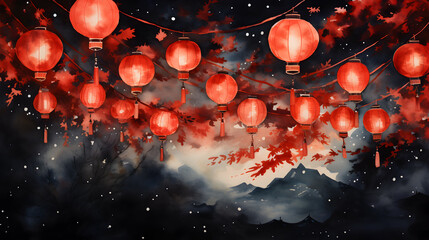 Wall Mural - red chinese lanterns and red sakura branches