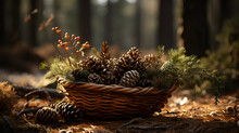 Autumn Still Life With Pine Cones In Forest