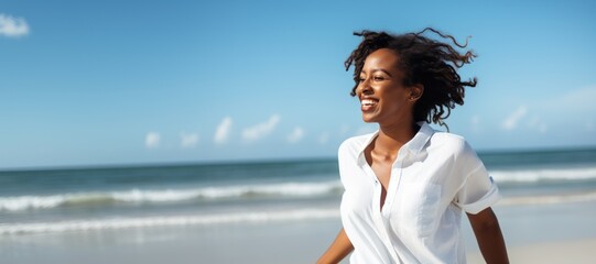 Sticker - Black woman walking on beach smiling happy