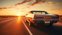 Classic Retro Vintage American Car Driving On Highway At Sunset