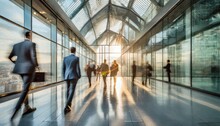 Image Of The Hall Of A Glazed Office Building With Unrecognisable People Walking In A Blurred Image Simulating Long Exposure To The Golden Hour.