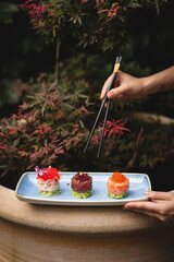 Wall Mural - Assorted tartare with tuna, crab and salmon with caviar