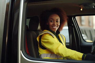 Afro american female courier driving delivery  in the city in car