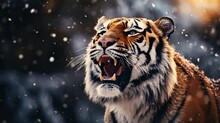 Big Siberian Tiger Roaring Against Winter Snowfall Ambience Background With Space For Text, Background Image, AI Generated