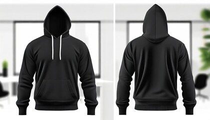 Wall Mural - Blank black male hoodie sweatshirt long sleeve with clipping path, men's hoody with hood for your design mockup for print, Template sport winter clothes.