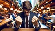 Businessman in stress because of deadline with wristwatch clenching his fists, with a blurred background of a bustling cafe during the break