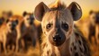 Male Hyena against a herd of Hyenas savanna ambience background with space for text, background image, AI generated