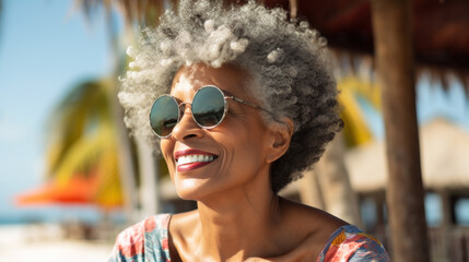 Wall Mural - Happy senior african american woman smiling on camera while wearing trendy hat during summer time city street