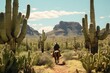 © gankevstock - Cowboy on Horseback in the Desert with cactuses and rocky mountains landscape