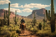 Cowboy On Horseback In The Desert With Cactuses And Rocky Mountains Landscape