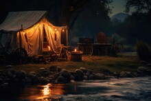 Serene Riverside Camping With Vintage Wagon And Cozy Tent