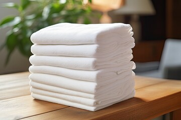 Wall Mural - Stacked white towels on table, folded.