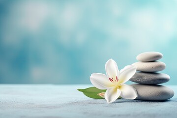 Poster - Zen stones, flowers, and towels on light blue background convey spa and wellness concept. Promote relaxation and calmness. Still life image. Banner.