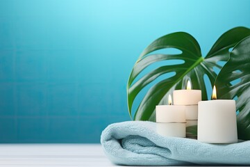 Poster - Spa composition with blue background, candles, towels, and monstera leaves. Side view with copy space. The spa treatment concept.