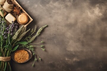 Poster - Top view of herbal massage and relaxation equipment in a spa or wellness setting.