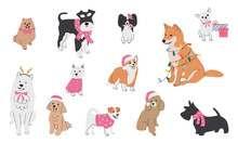 Collection Of Christmas Dogs In Hand Drawn Style. Collection Of Dog Characters, Flat Illustration For Design, Decor, Print, Stickers, Posters. Merry Christmas Illustrations 