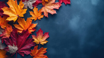 Wall Mural - Autumn background with colored maple leafs on blue slate background, Top view.