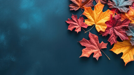 Wall Mural - Autumn background with colored maple leafs on blue slate background, Top view.