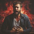 © Mary_muis/stoker ua - A man with suffering on his face and chest pain. Broken heart, infarct. Red illustration background with space for text.