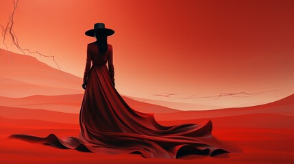 Wall Mural - Witch in a red dress, practicing magic and rituals, red background, place for copy space. Concept: Night of the Witch or All Hallows' Eve. Concept: mysticism, game characters, Halloween