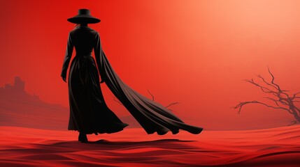 Wall Mural - Witch in a red dress, practicing magic and rituals, red background, place for copy space. Concept: Night of the Witch or All Hallows' Eve. Concept: mysticism, game characters, Halloween