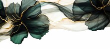 Abstract Marbled Ink Liquid Fluid Watercolor Painting Texture Banner - Dark Greenpetals, Blossom Flower Swirls Gold Painted Lines, Isolated On White Background.