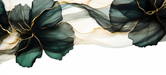 Poster - Abstract marbled ink liquid fluid watercolor painting texture banner - Dark greenpetals, blossom flower swirls gold painted lines, isolated on white background.