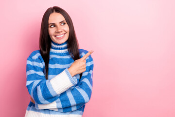 Poster - Photo of pretty cheerful lady beaming smile look direct finger empty space offer novelty isolated on pink color background