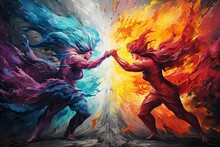 Self-violence And Abuse Concept. Person With Inner Conflict And Mental Health Problems, Fighting With Your Own Demons, Artistic Depiction Of The Battle Against Mental Issues