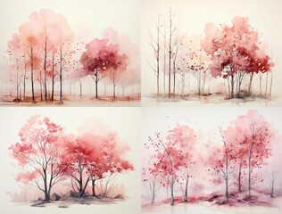 Sticker - AI generated illustration of a set of four watercolor paintings of trees