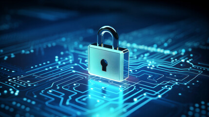 Digital padlock for computing system on dark blue background, cyber security technology for fraud prevention and privacy data network protection concept