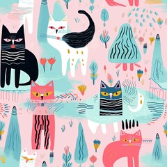 Wall Mural - seamless pattern with drawing of cat family  