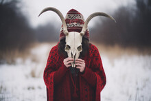 Shaman Holding Horn Animal Skull And Wearing In Red Cloak On Blurred Winter Landscape. Mystical Ritual Of Death. Sacred Objects For Ancient Pagan Rites. Slavic Or Scandinavian Culture Ritual